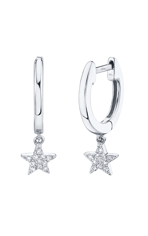 14k White Gold Small Diamond Star Hoop Earrings