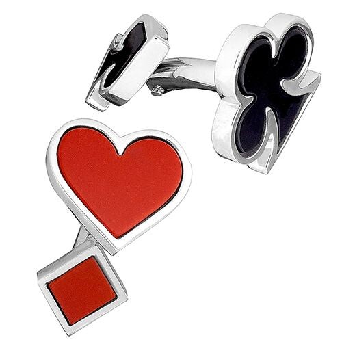 Silver Red Heart and Black Clover Card Cufflinks