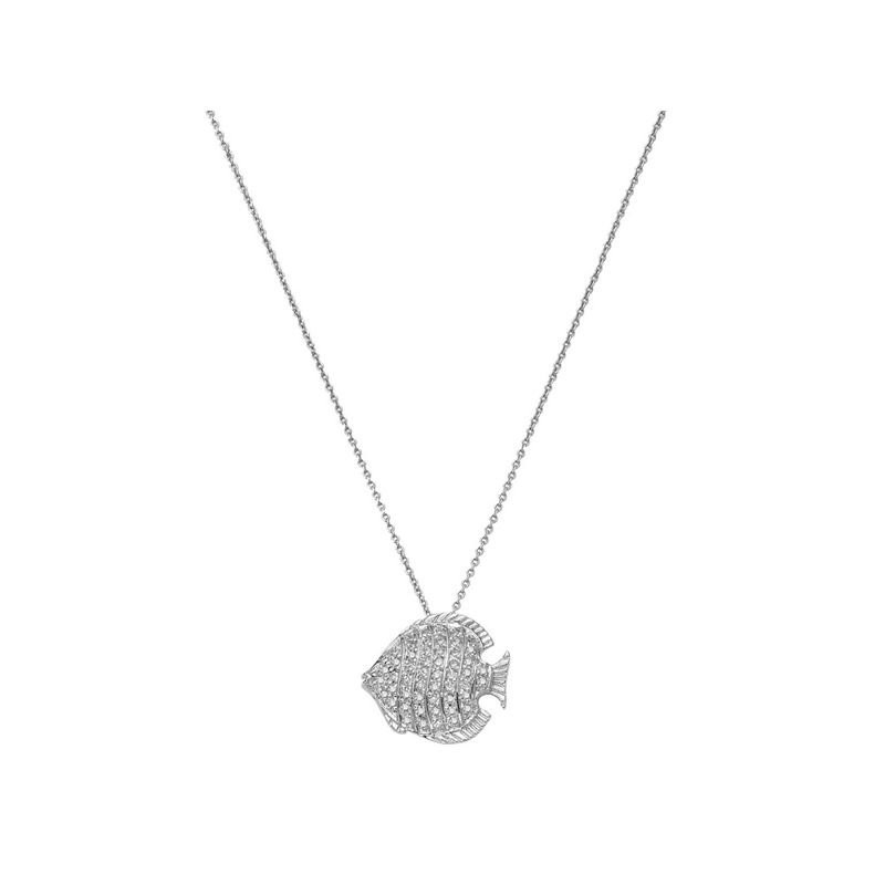 18k White Gold Pave Fish Necklace