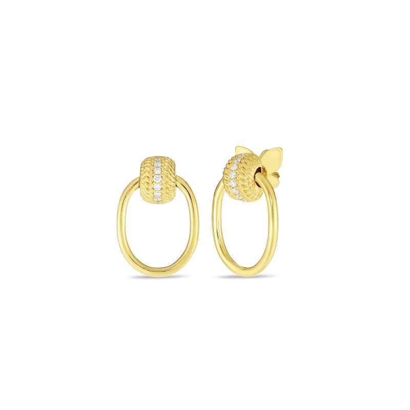 18k Yellow Gold Opera Textured Oval Drop Earrings