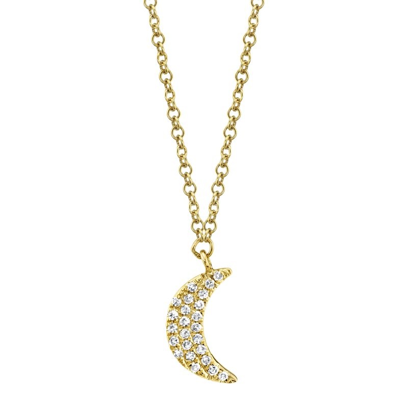 14k Yellow Gold Pave Diamond Crescent Moon Necklace