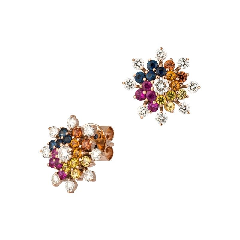 18k Rose Gold Rainbow Sapphire Cluster Flower Earrings