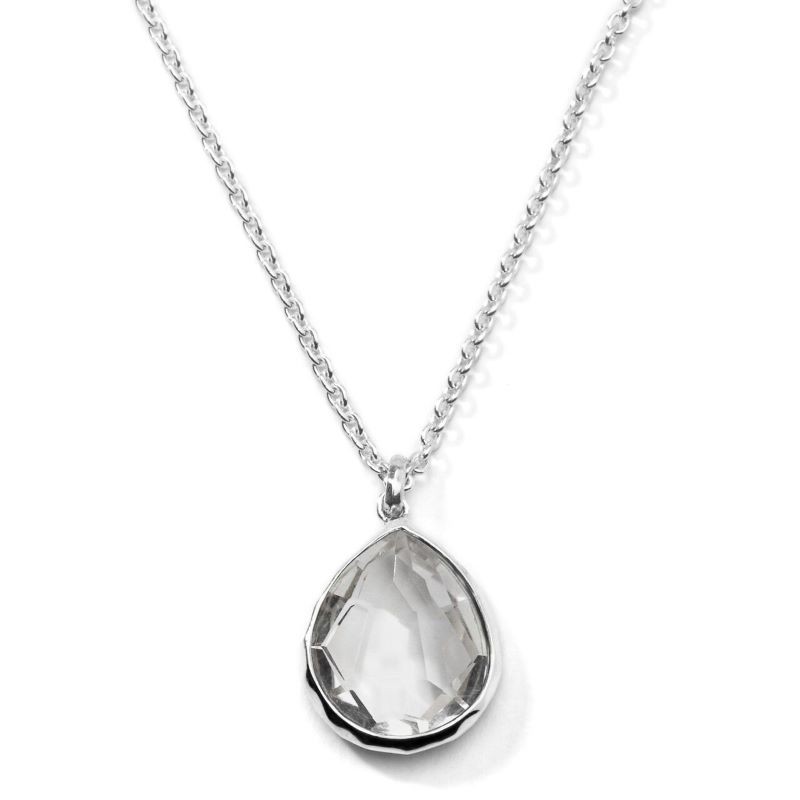 Silver Small Bezel Teardrop Clear Quartz Necklace