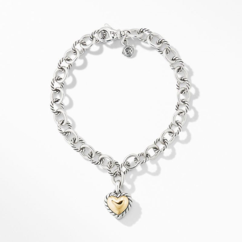 18k Yellow Gold and Silver Heart Charm Bracelet