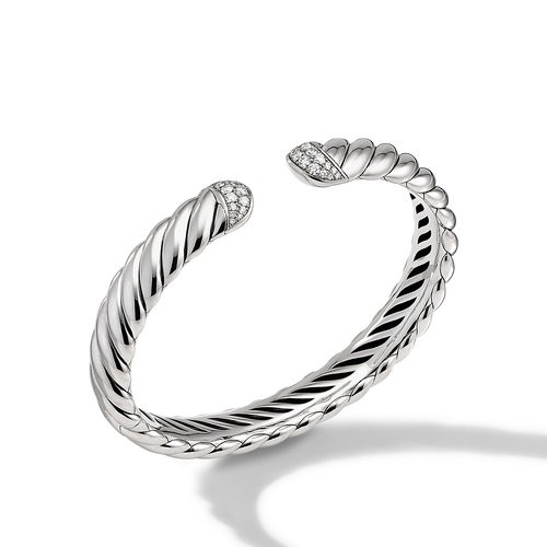 Sculpted Cable Cuff Bracelet in Sterling Silver with Pavé Diamonds