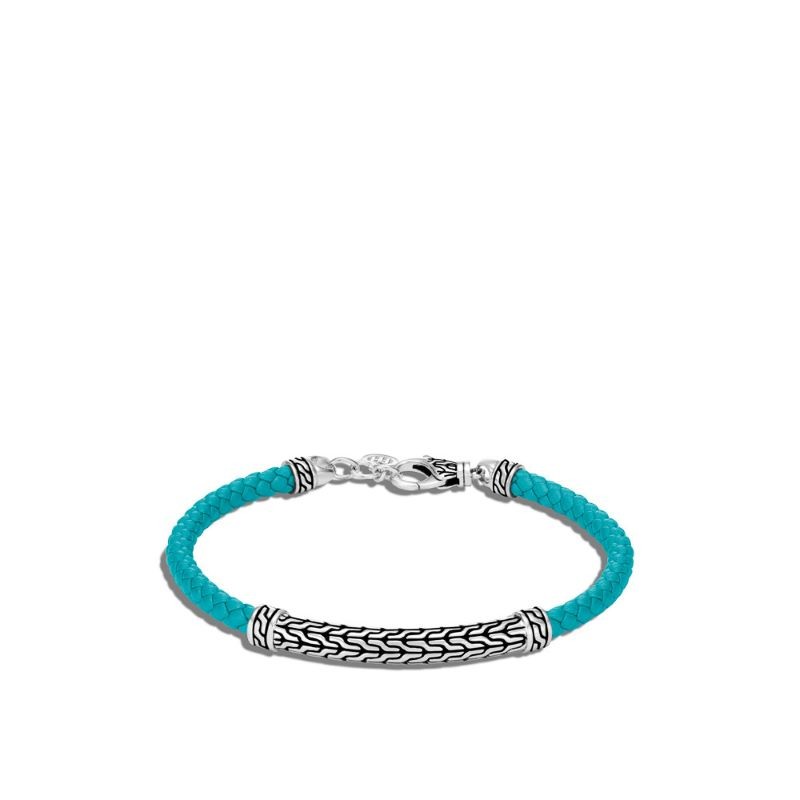 Silver Classic Chain Turquoise Woven Leather Bracelet