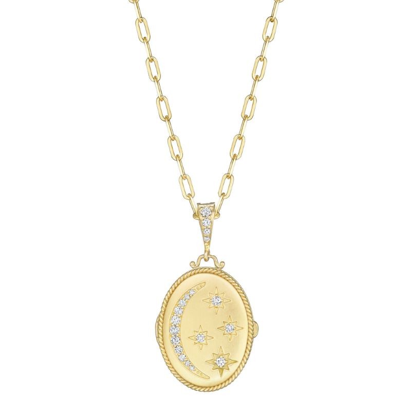 18k Yellow Gold Oval Diamond Moon and Star Medallion Locket