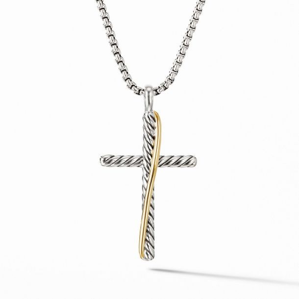 Silver and 18k Yellow Gold Cable Polished Cross Necklace