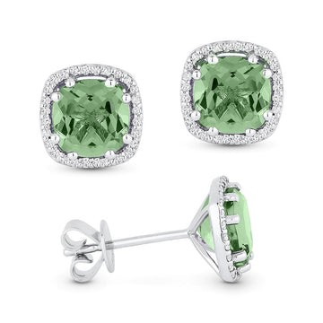 14k White Gold Cushion Green Synthetic Stud Earrings