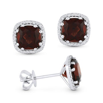 14k White Gold Cushion Garnet Pave Diamond Stud Earrings