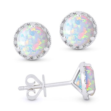 14k White Gold Opal Pave Diamond Stud Earrings