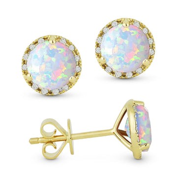 14k Yellow Gold Round Opal Diamond Frame Stud Earrings