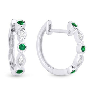 14k White Gold Alternating Emerald and Diamond Huggie Earrings