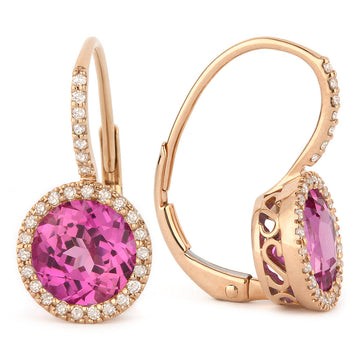 14k Rose Gold Round Pink Corundum Pave Diamond Drop Earrings