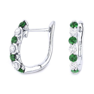 14k White Gold Alternating Emerald Diamond Huggie Earrings