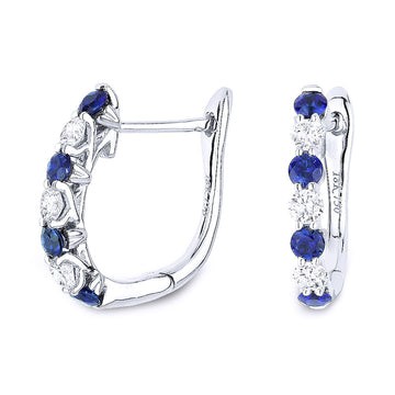 14k White Gold Alternating Sapphire Diamond Huggie Earrings