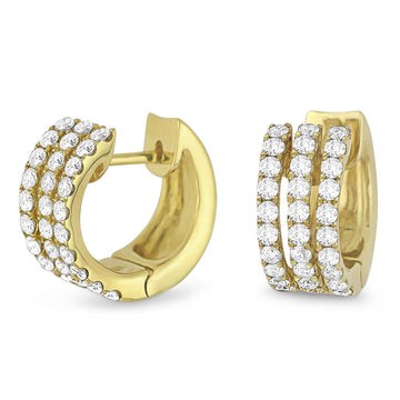 14k Yellow Gold 3 Row Diamond Huggie Earrings