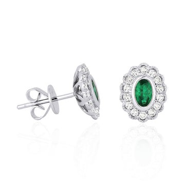 14k White Gold Oval Emerald Diamond Frame Earrings