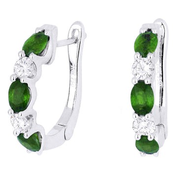 18k White Gold Alternating Emerald Diamond Huggie Earrings