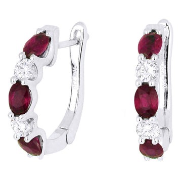 18k White Gold Alternating Ruby Diamond Huggie Earrings