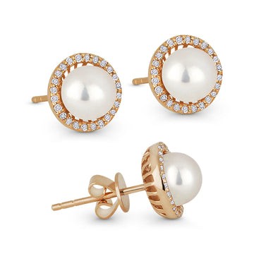 14k Rose Gold Pearl Diamond Frame Stud Earrings