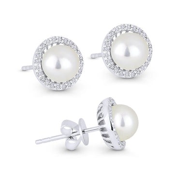 14k White Gold Pearl Diamond Frame Stud Earrings