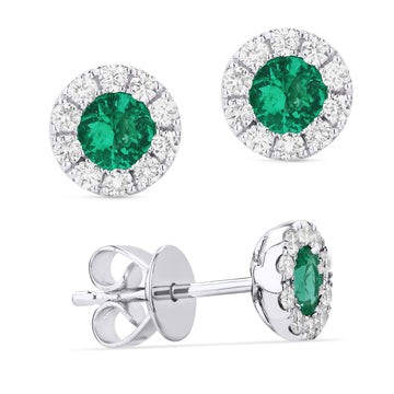 14k White Gold Emerald Diamond Stud Earrings