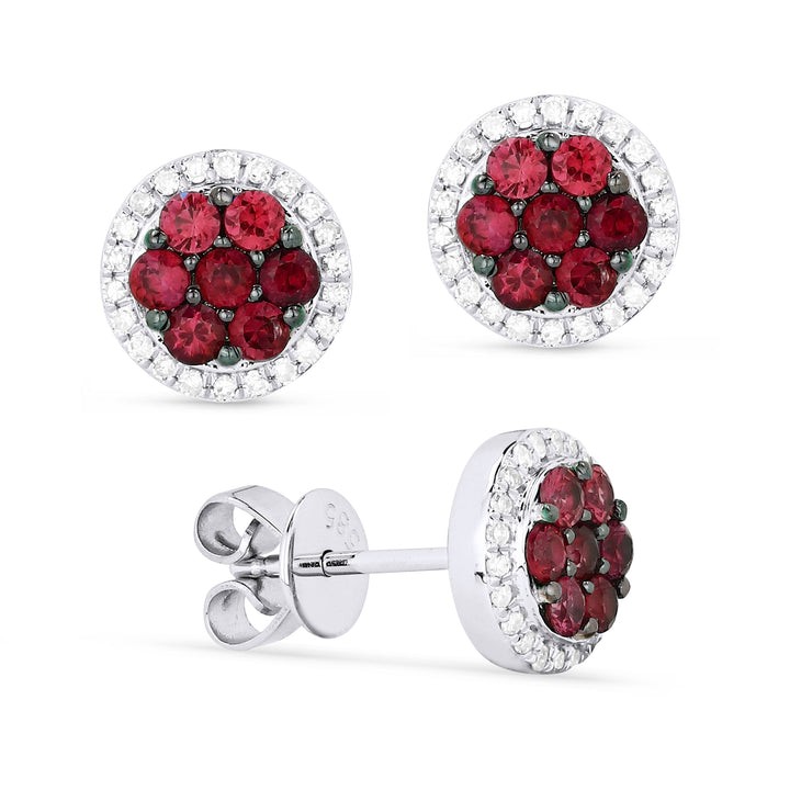 14k White Gold Ruby Cluster Pave Diamond Stud Earrings