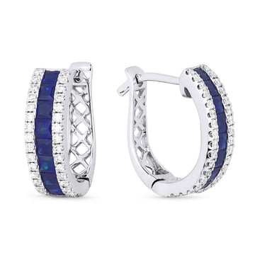 14k White Gold 3 Row Sapphire Diamond Huggie Earrings