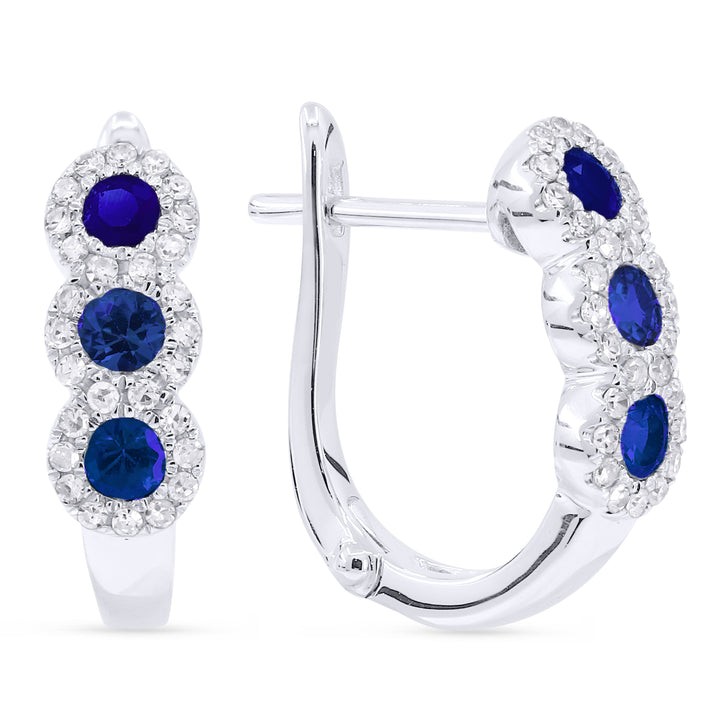 14k White Gold 3 Round Sapphire Diamond J Hoop Earrings