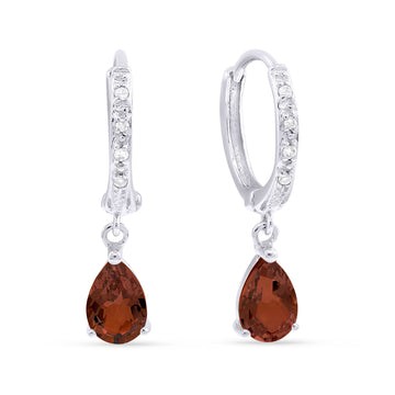 14k White Gold Pave Diamond Garnet Dangle Hoop Earrings