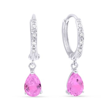 14k White Gold Diamond Pink Corundum Dangle Earrings