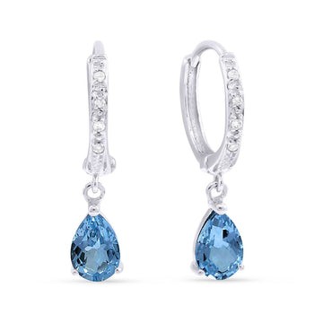 14k White Gold Diamond Swiss Blue Topaz Dangle Earrings