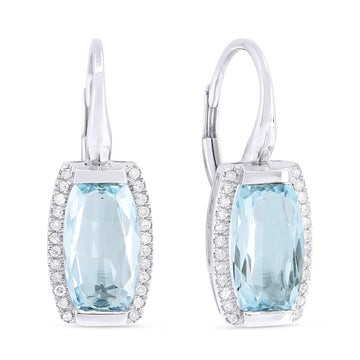 14k White Gold Rectangle Swiss Blue Topaz Diamond Earrings