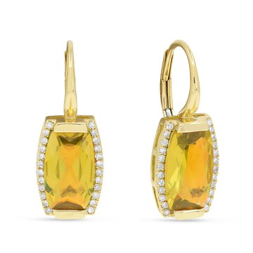 14k Yellow Gold Citrine and Diamond Frame Vertical Earrings