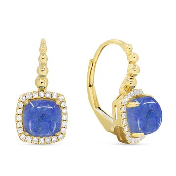 14k Yellow Gold Cushion Lapis Lazuli Diamond Frame Earrings