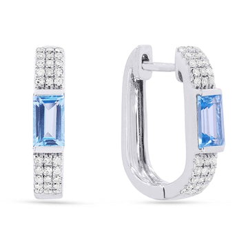 14k White Gold Diamond Blue Topaz Oval Huggie Earrings