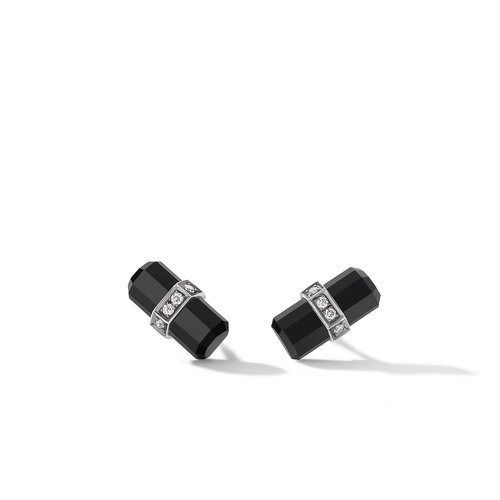 Lexington Barrel Stud Earrings in Sterling Silver with Black Onyx and Pavé Diamonds