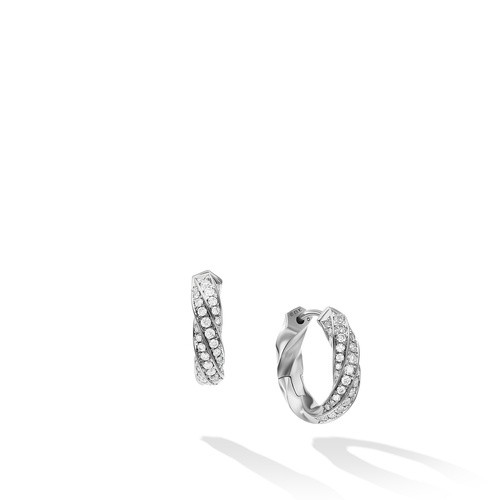 Cable Edge Huggie Hoop Earrings in Recycled Sterling Silver with Pavé Diamonds