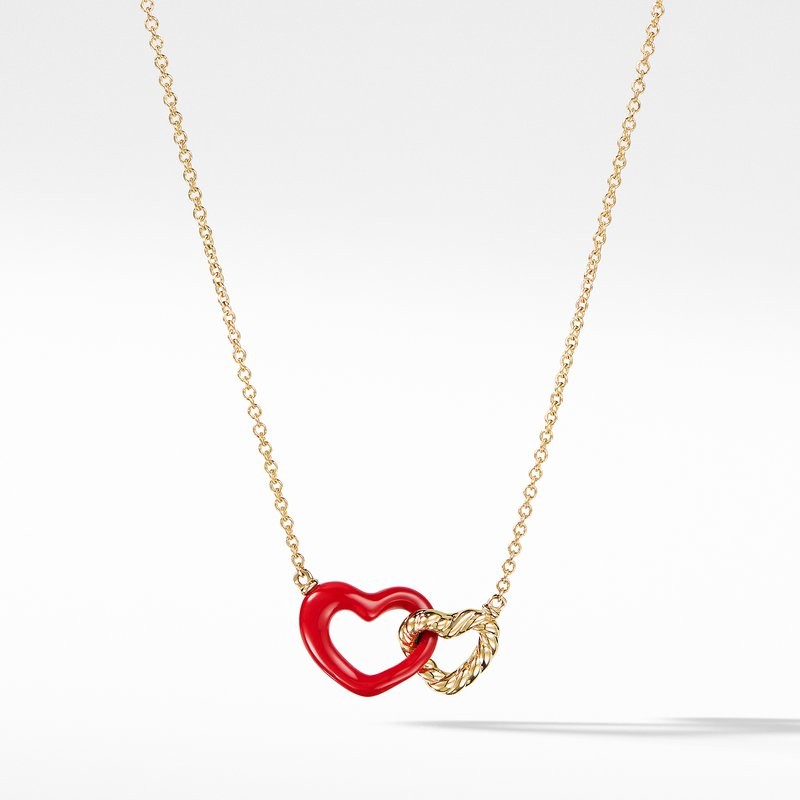 18k Yellow Gold Red Enamel Heart Interlocking Necklace