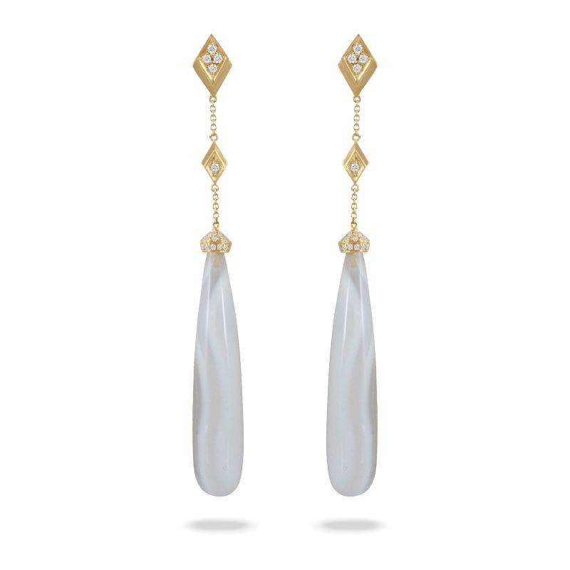 18k Yellow Gold Grey Agate Teardrop Diamond Earrings