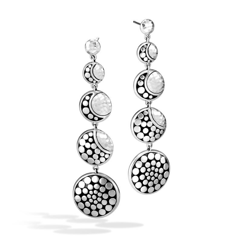 Silver Dot Moon Phase Hammered Drop Earrings