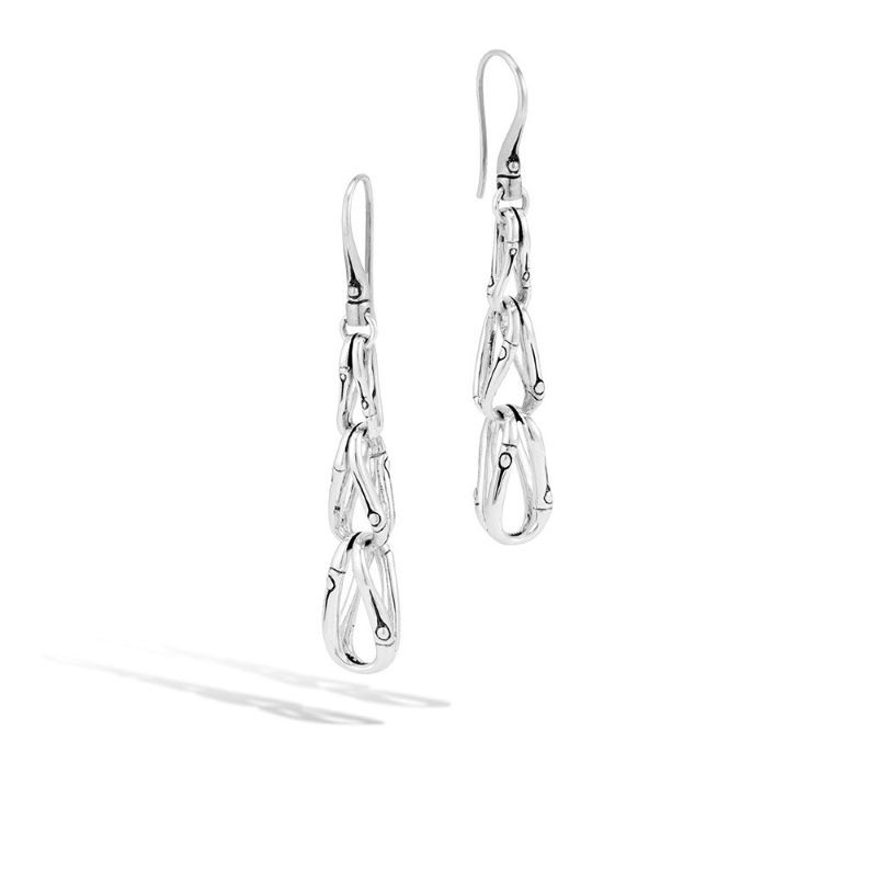Silver Bamboo Long Teardrop Link Earrings