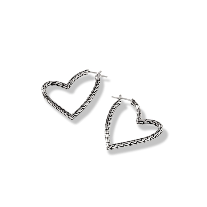 Silver Classic Chain Manah Offset Heart Hoop Earrings