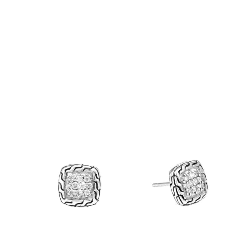 Silver Classic Chain Pave Diamond Stud Earrings