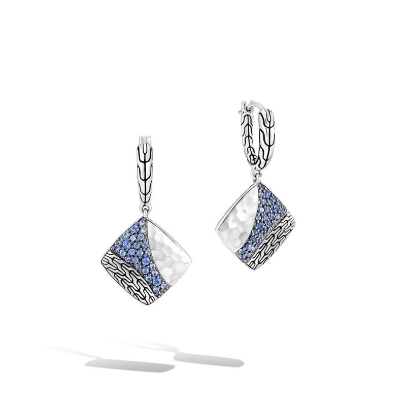 Silver Classic Chain Hammered Sapphire Drop Earrings