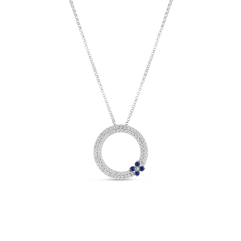 18K White Gold Love In Verona Diamond and and Blue Sapphire  Circle Necklace