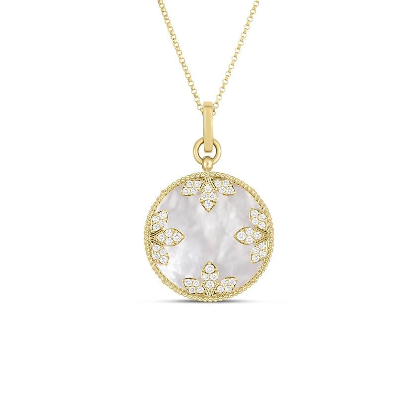 18K Yellow Gold Medallion Charms Diamond and Mother of Pearl Necklace