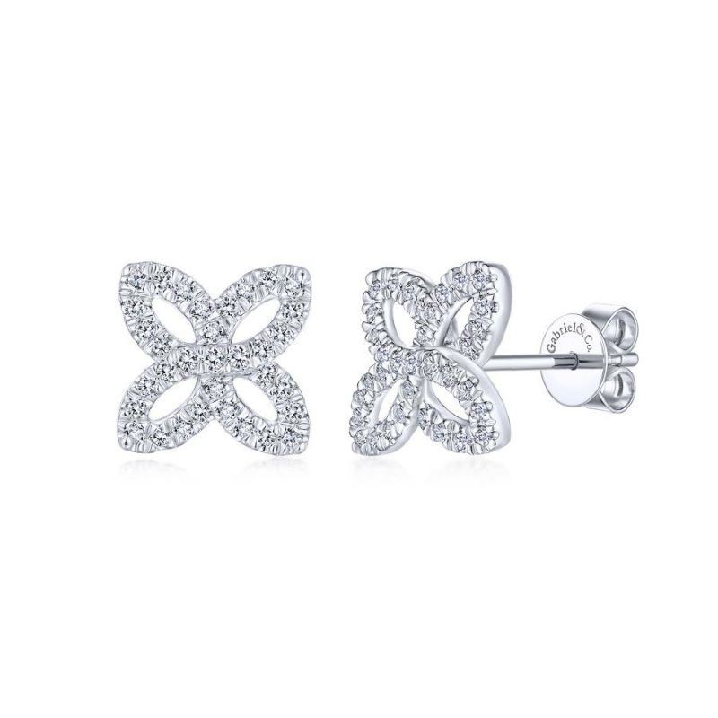 14k White Gold Open Diamond Flower Earrings