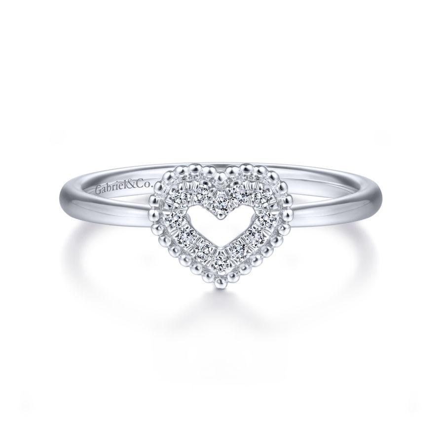 14k White Gold Open Heart Pave Diamond Ring